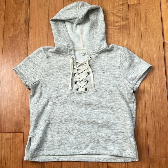 Madewell Lace Up Short Sleeve Hooded Merino Wool Sweater Hoodie Size L - Picture 1 of 5
